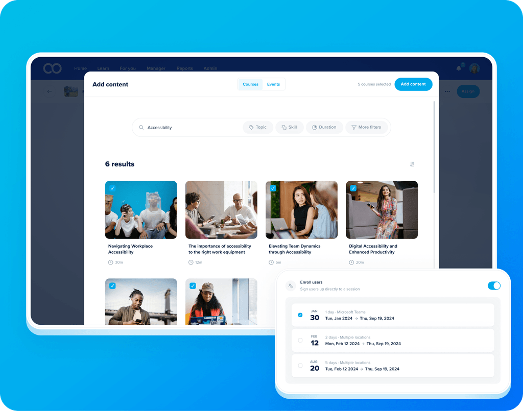 iPad device showing a learning management system with employee training content and courses