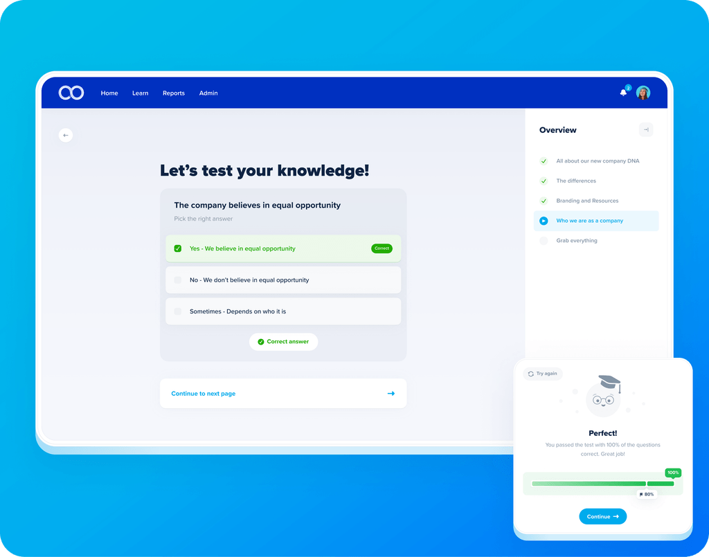 device showing a learning management system quiz at the end of a course
