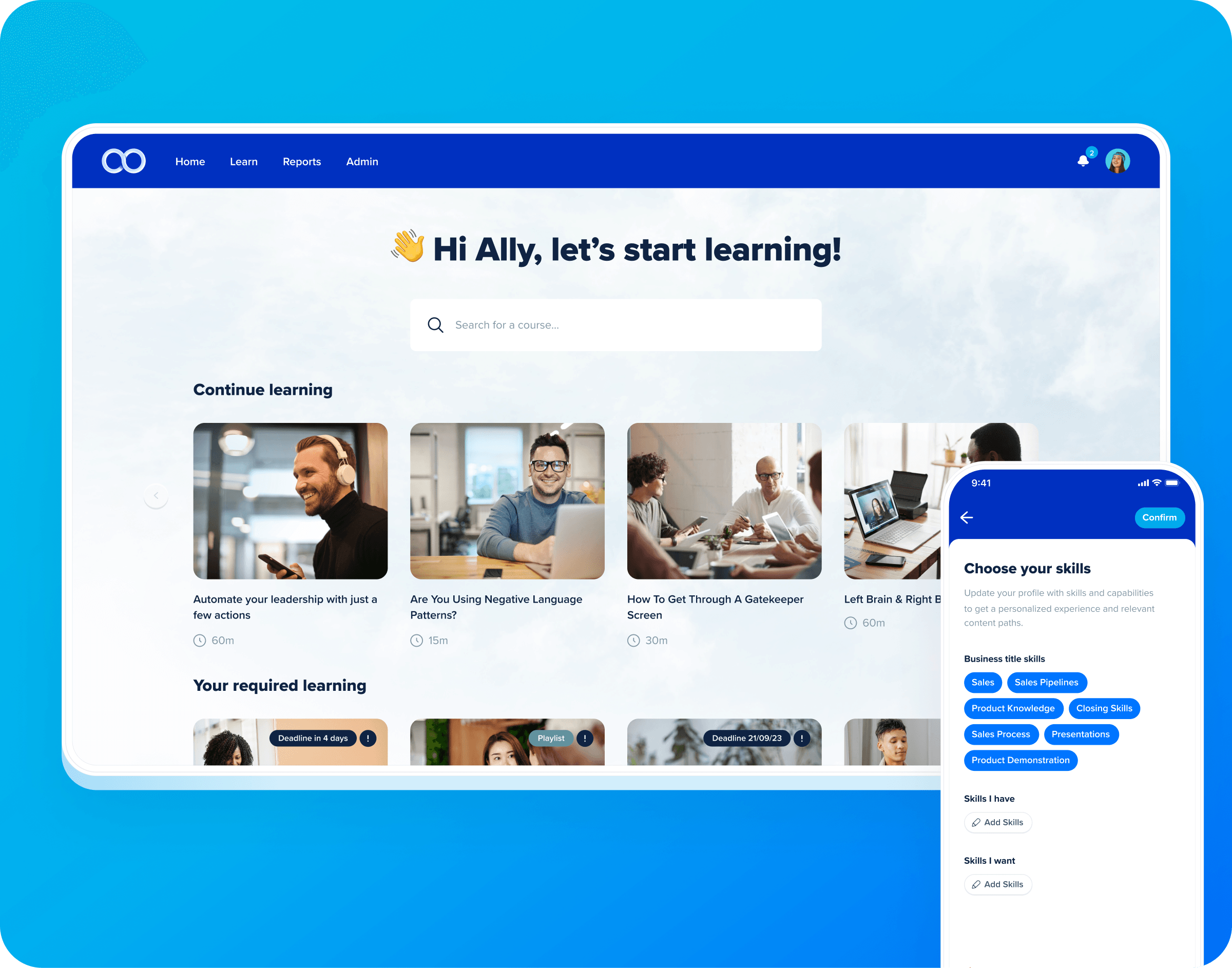 device showing a learning management platform with skills profiles