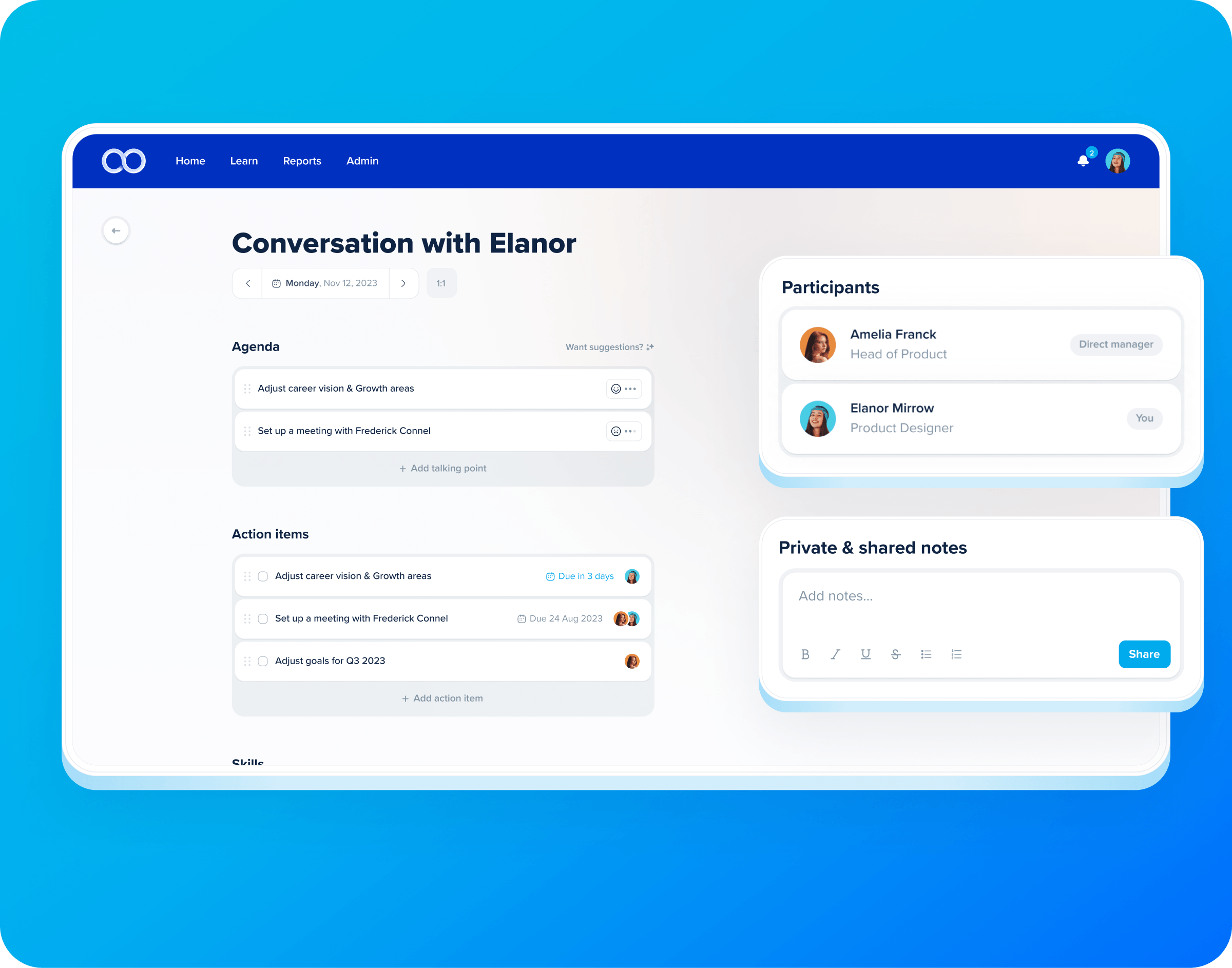 device showing people development software with meeting scheduling and notetaking for 1:1 conversations