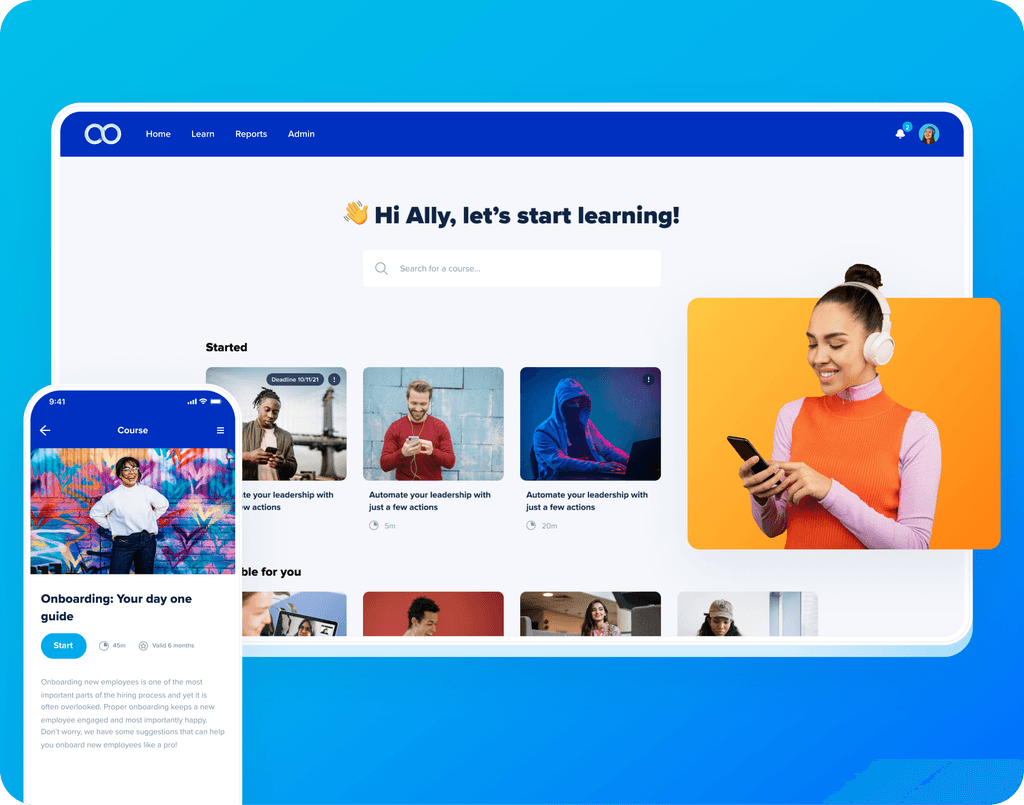device showing employee onboarding courses in a learning management system
