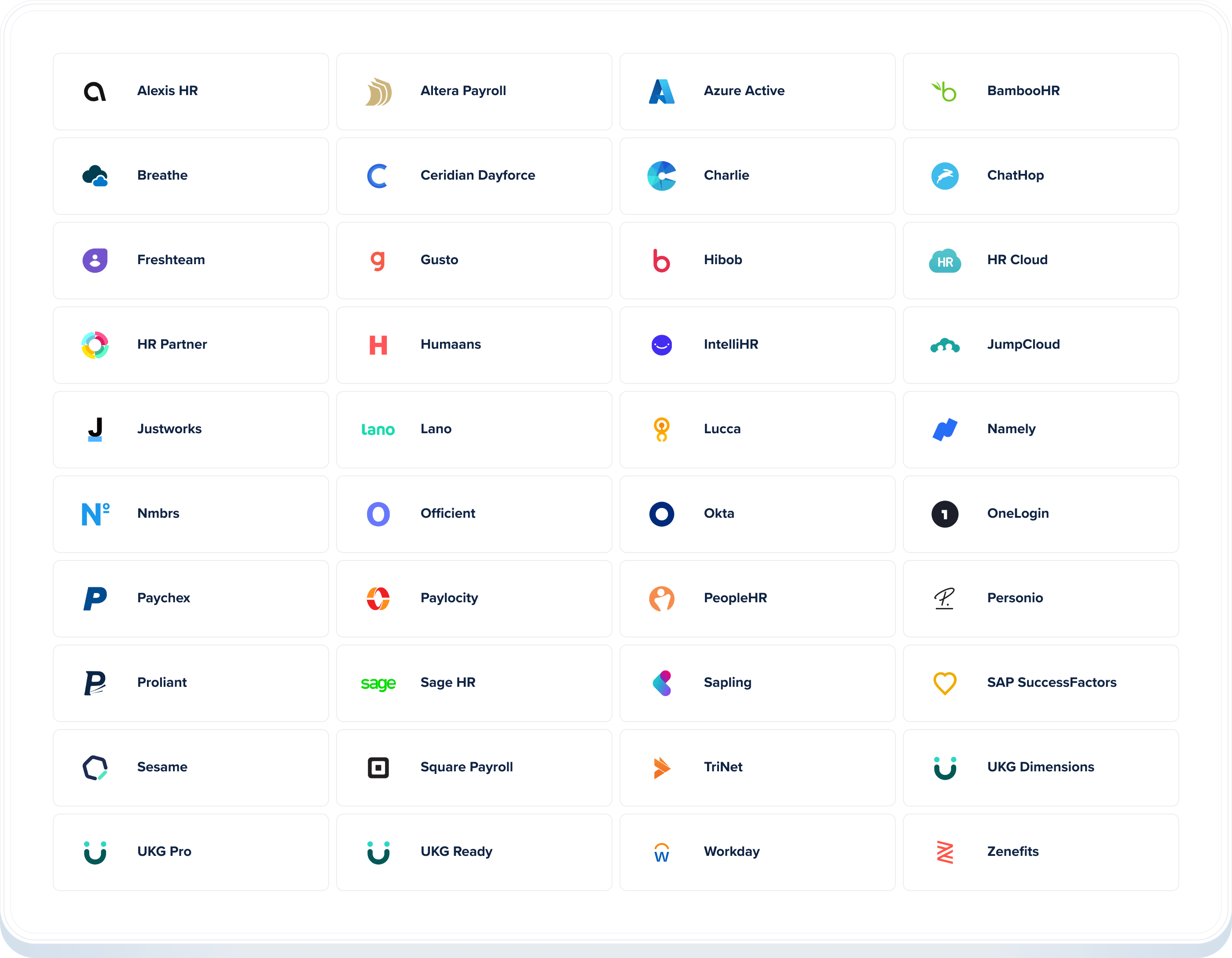 eloomi LMS integrations include Alexis HR, Altera Payroll, Azure Active, BambooHR, Breathe, Ceridian Dayforce, Charlie, ChatHop, Freshteam, Gusto, HiBob, HR Cloud, HR Partner, Humaans, IntelliHR, JumpCloud, Justworks, Lano, Lucca, Namely, Nmbrs, Officient, Okta, OneLogin, Paychex, Paylocity, PeopleHR, Personio, Proliant, Sage HR, Sapling, SAP SuccessFactors, Sesame, Square Payroll, TriNet, UKG Dimensions, UKG Pro, UKG Ready, Workday, Zenefits