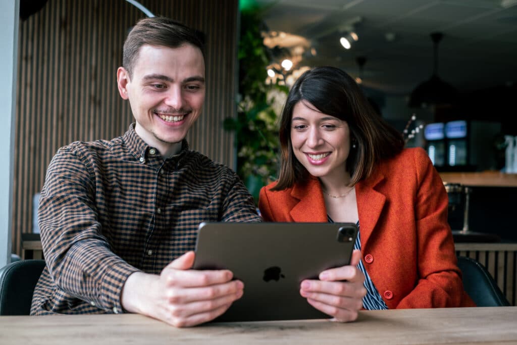 two employees using gamification in the workplace